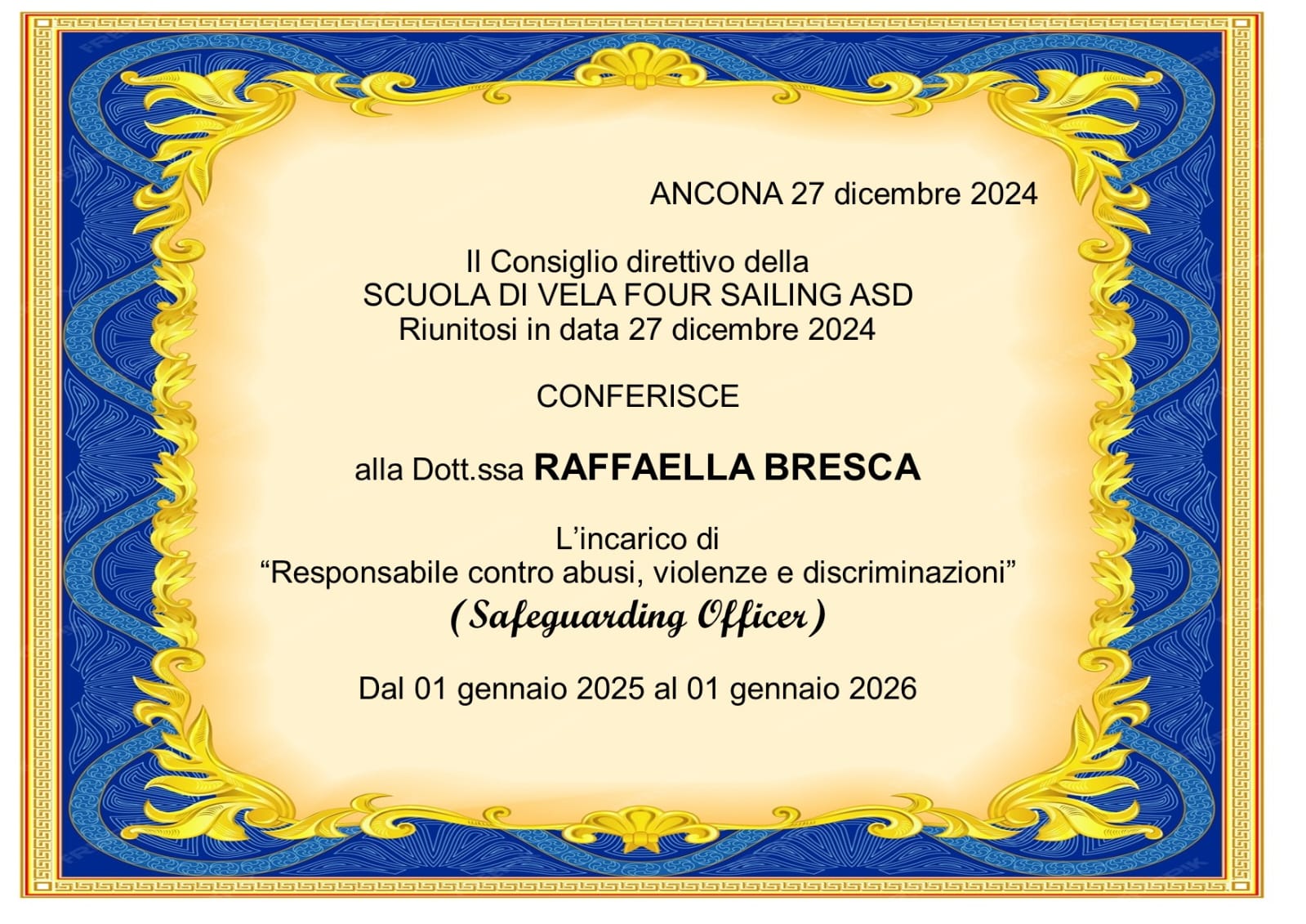 Attestato Incarico Safeguarding Officer - Scuola di Vela Four Sailing - Ancona